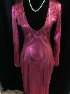 Shimmering Hot Pink Long-Sleeve V-Neck Dress